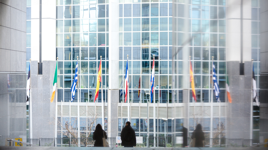 Europäische Flaggen vor verglastem Gebäude